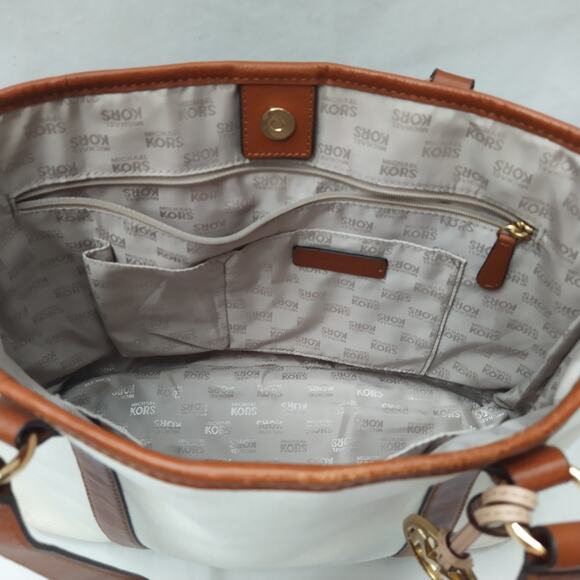 Michael Kors Jet Set Ivory Canvas Leather Trim Double Handles Tote Bag - Picture 13 of 16